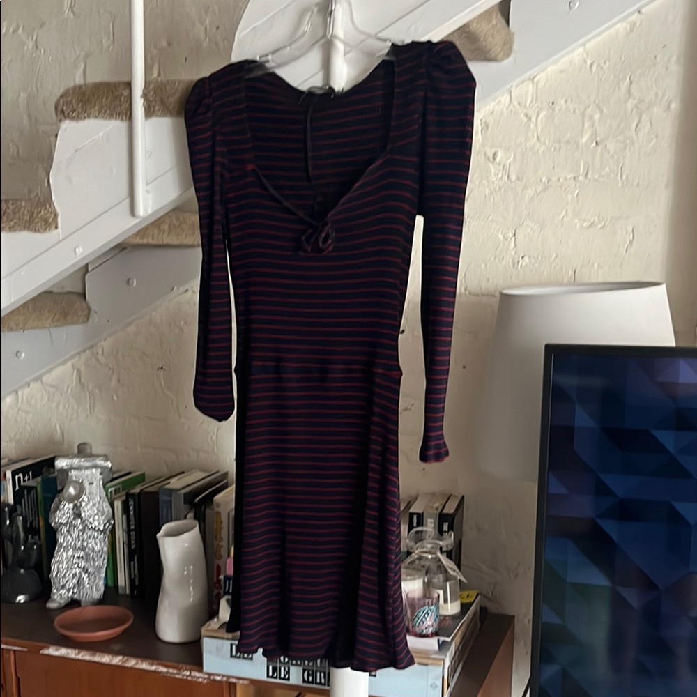 Reformation Navy and Red Striped Long Sleeve Dress